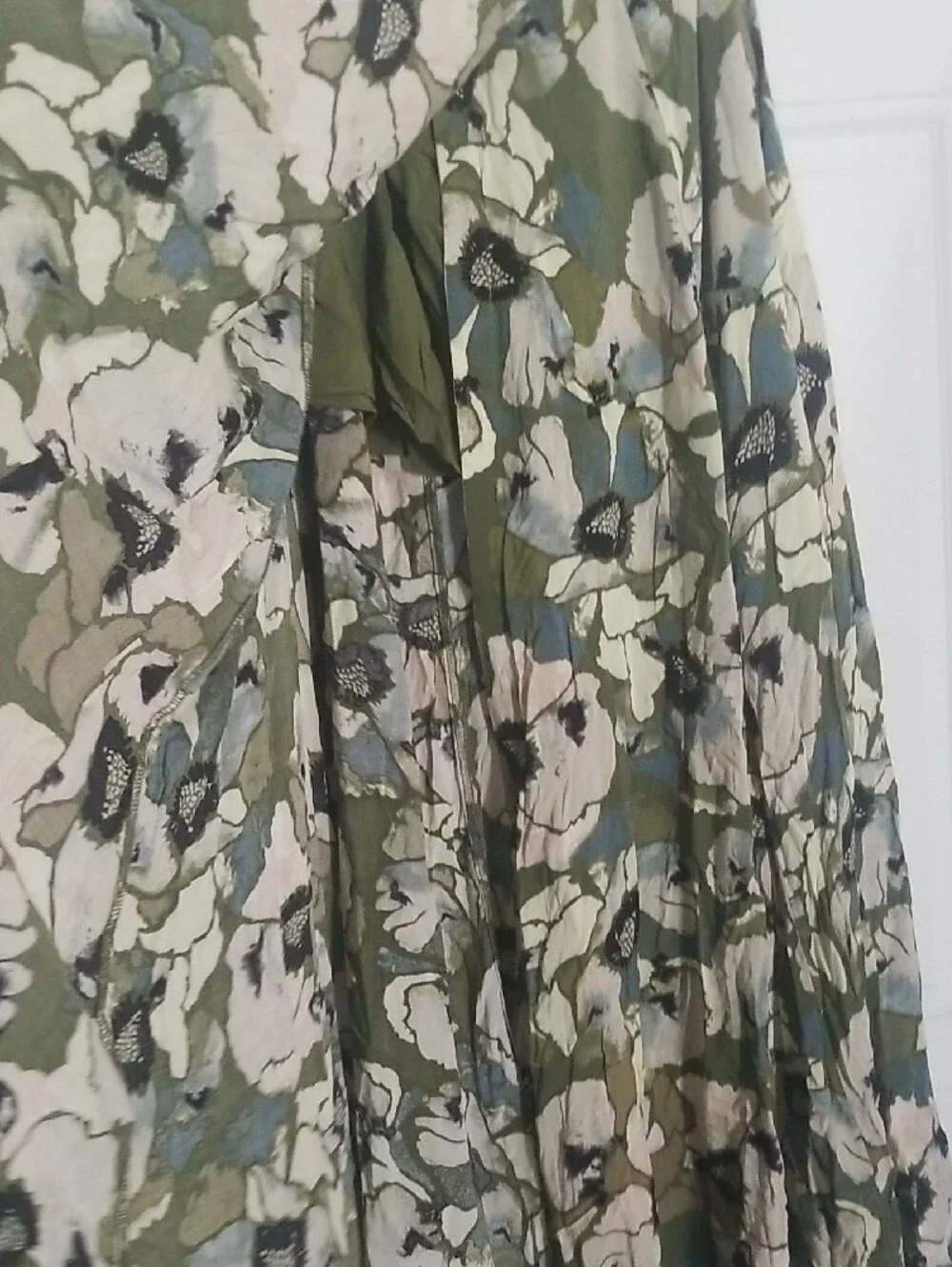 Free People Olive Green Floral Maxi Skirt with Cream & Blue Accents
